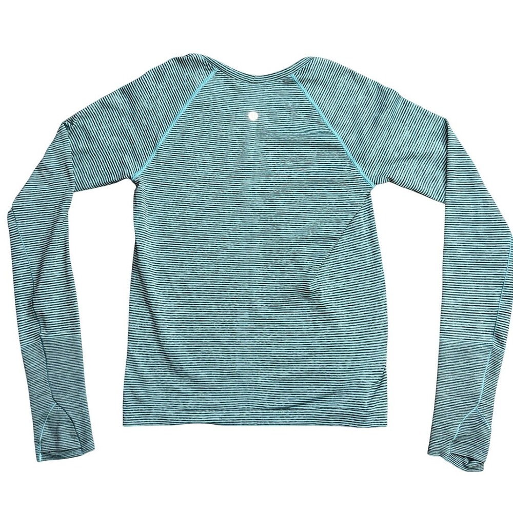 Lululemon Swiftly Tech Long Sleeve Teal Black Striped Thumbhole Running Top 2519